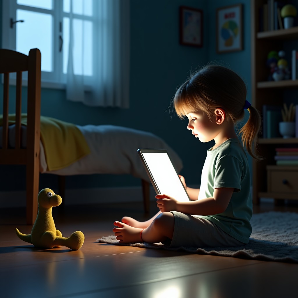 A messy child bedroom where a young girl is sitting on the floor completely absorbed in a glowing tablet screen. Nearby classical toys like a dinosaur and a slinky dog are lying neglected in the shadows. Realistic lighting and cinematic atmosphere. 4:3
