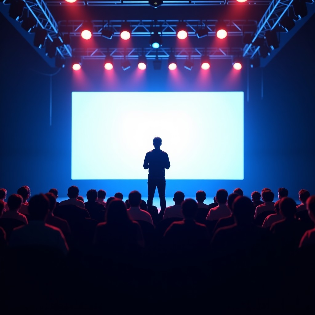 Exciting startup competition on a large stage, spotlight on a speaker, audience in silhouette, large LED screen background, cinematic lighting, 4:3