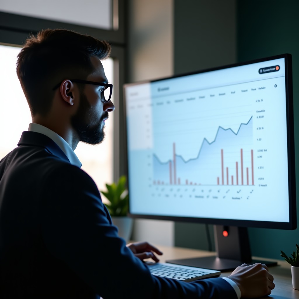 A professional startup founder looking at a digital dashboard screen showing growth metrics and a subtle warning icon, modern office background, soft natural lighting, high quality photography, 4:3
