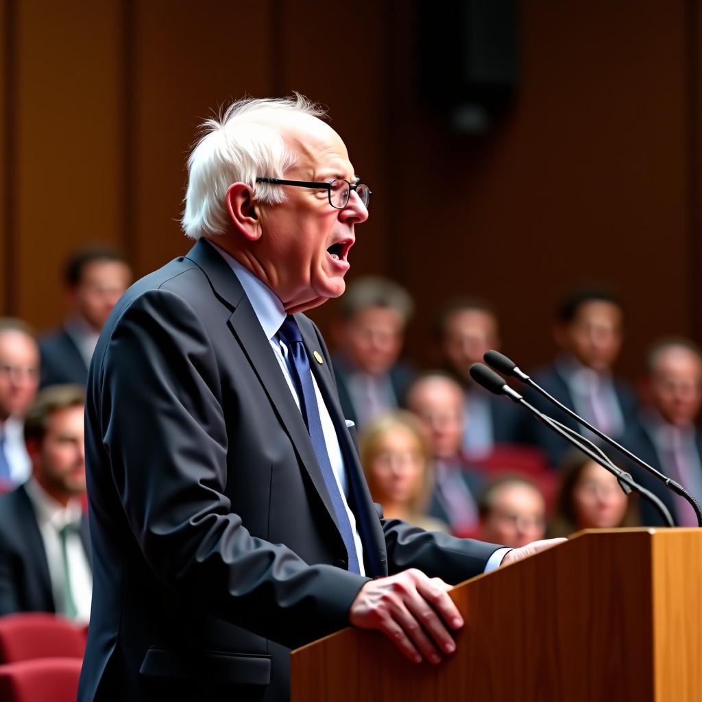 A realistic photo of Bernie Sanders speaking passionately at a podium at Stanford University, professional setting, indoor auditorium with students in the background, cinematic lighting, 4:3