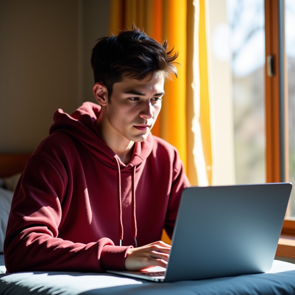 Realistic photo of a young male student in a Stanford hoodie working intently on a modern silver laptop in a sunny dorm room, 1:1
