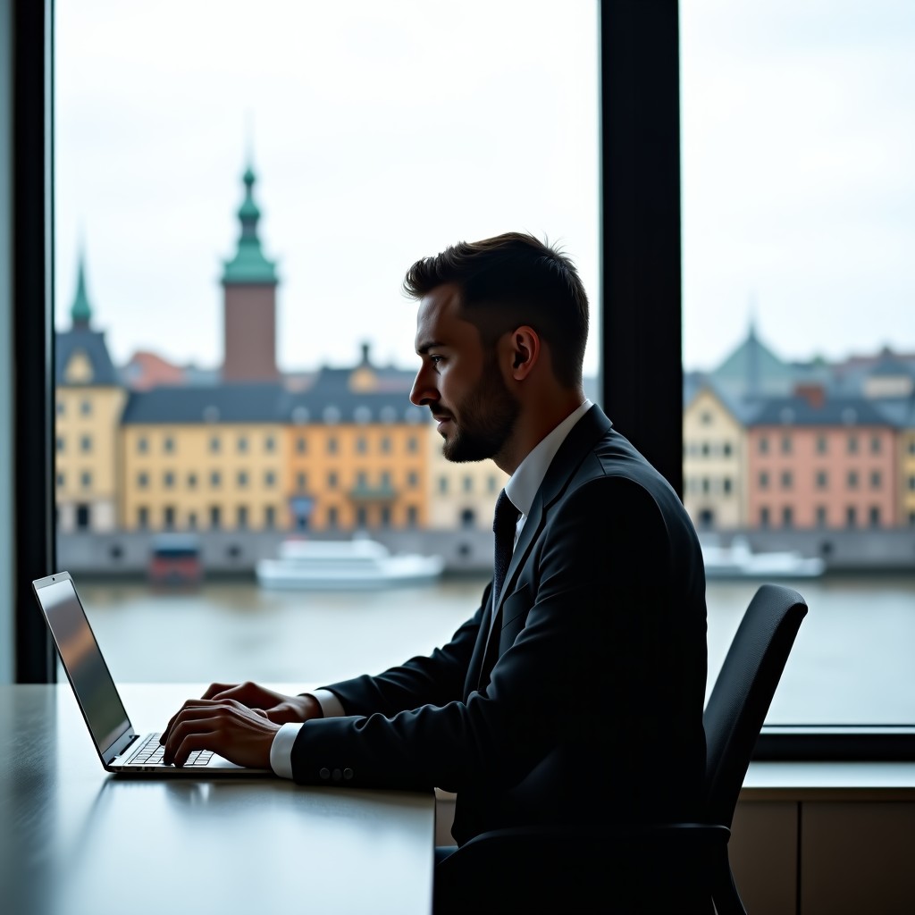 A professional venture capitalist sitting in a modern glass office in Stockholm with a view of the city's historic skyline, using a laptop with a focused expression, clean and sophisticated atmosphere, 4:3