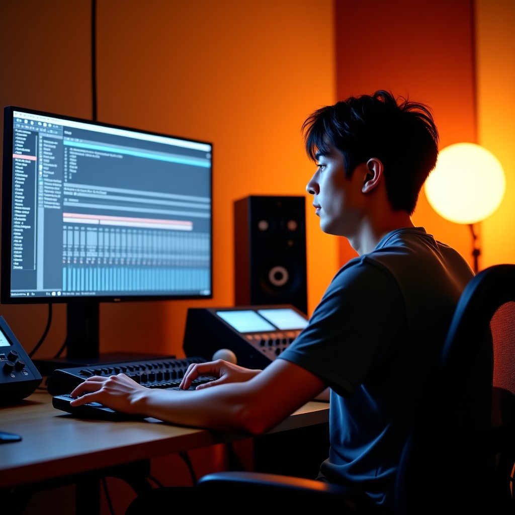 A realistic lifestyle photography of a Korean male musician in a modern recording studio using AI software on a large monitor to mix tracks. Warm lighting and professional equipment visible. 4:3
