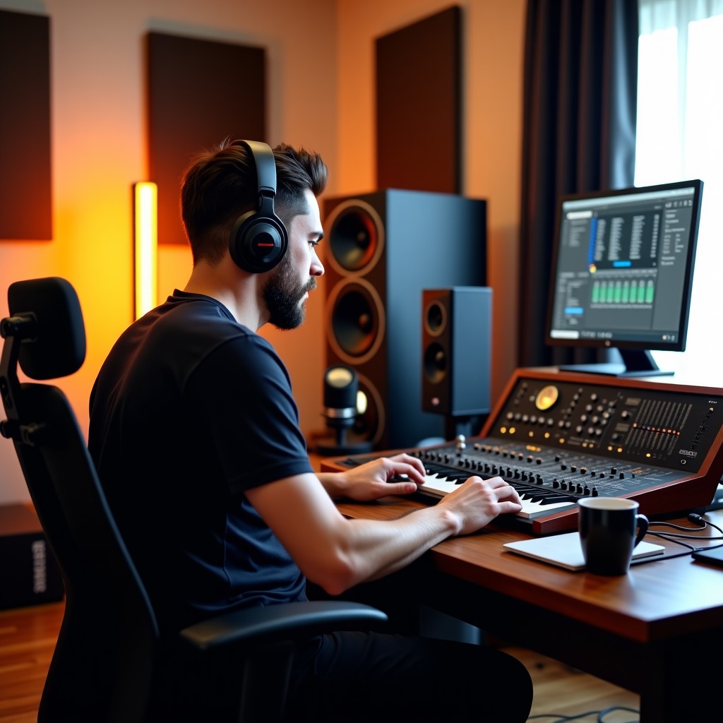 A professional music producer working in a modern home studio with high-end speakers and a mixing console, warm and natural lighting, lifestyle photography, 4:3