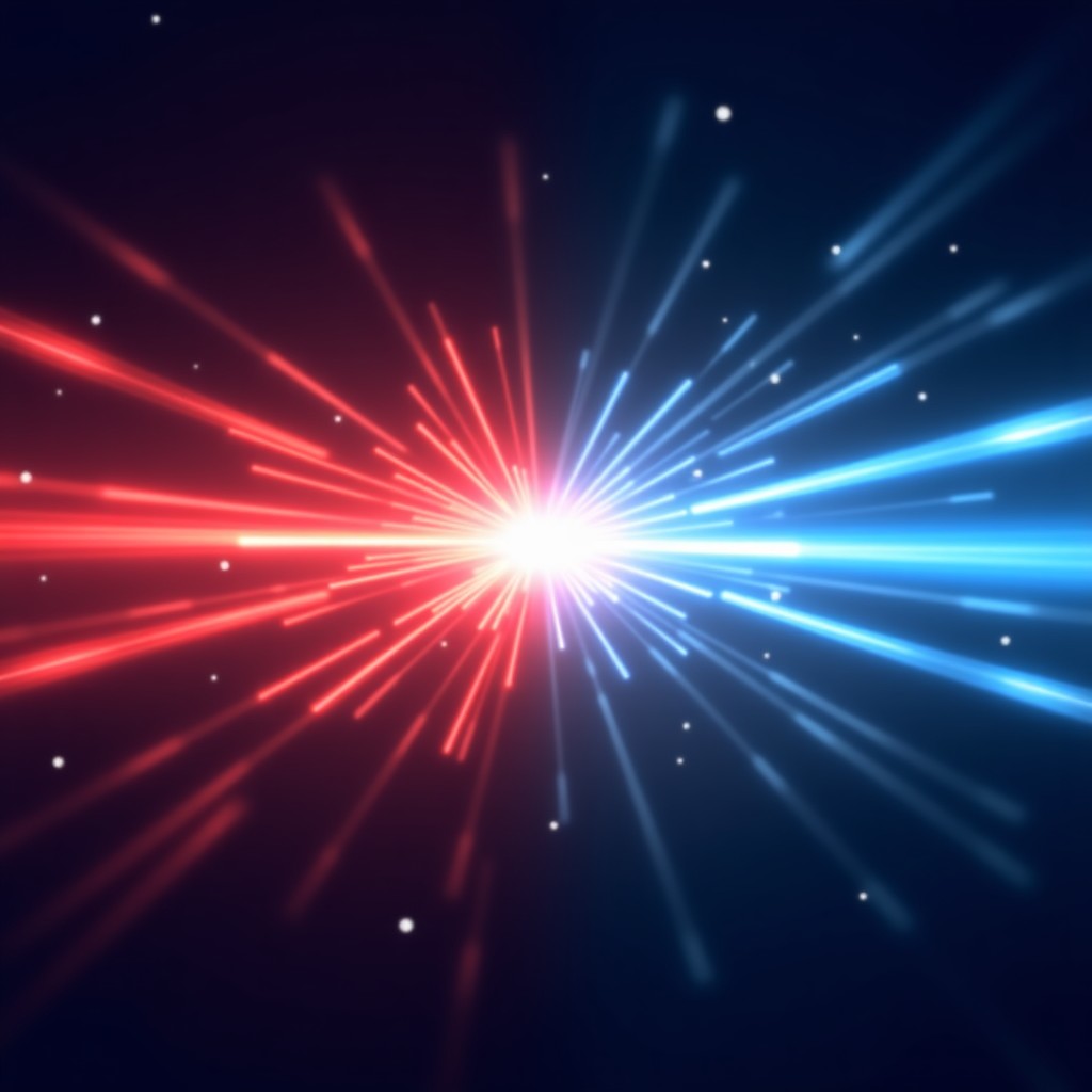 A creative conceptual illustration representing a clash between two major streaming giants, abstract light beams in red and blue colliding in a dark tech-themed background, high contrast, 4:3