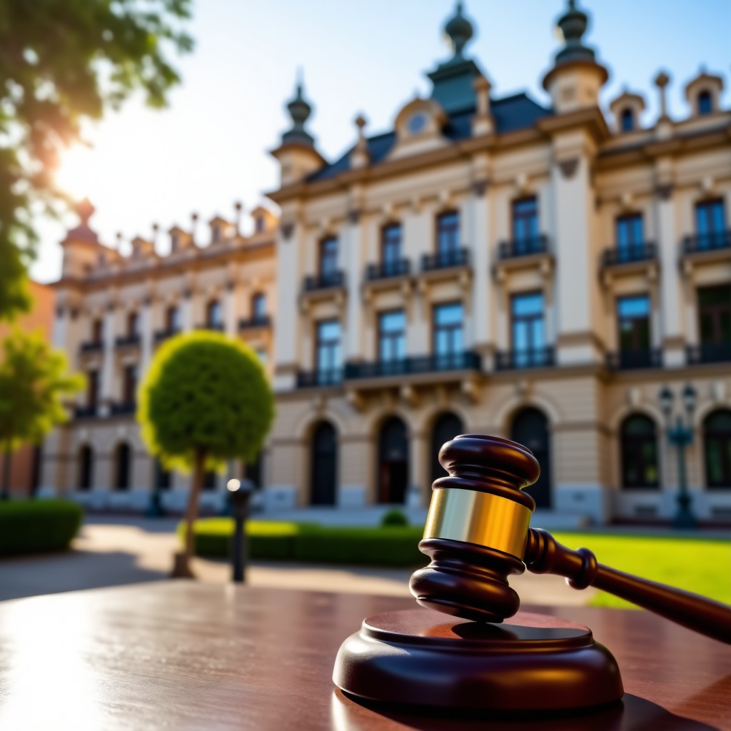 A majestic Spanish government building in Madrid with a traditional architectural style. In the foreground, a wooden judge gavel sits on a desk, symbolizing legal action and authority. The lighting is bright and professional, representing a serious legal investigation. 4:3