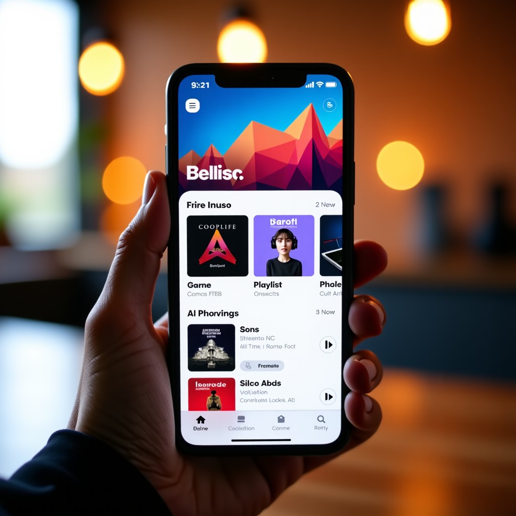 A smartphone displaying a music streaming app interface with colorful album art and AI generated playlist suggestions. Soft bokeh background. No text. 4:3