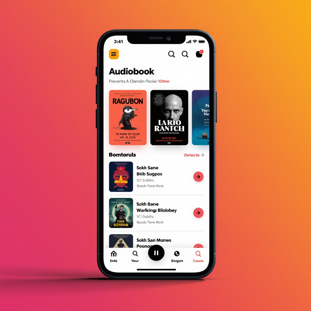 A sleek and modern digital interface of a music streaming app showing a dedicated audiobook section with a trending chart list. Vibrant colors, clean typography, and stylized book covers visible on a smartphone screen. 4:3