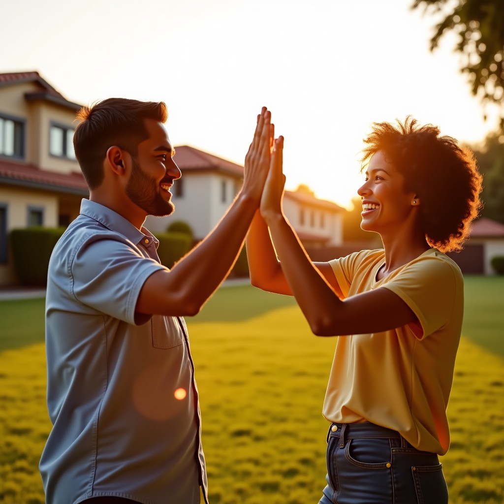 Happy Asian and Hispanic residents high-fiving and smiling in a sunny California park, suburban houses in the background, warm golden hour lighting, cinematic lifestyle photography, 4:3