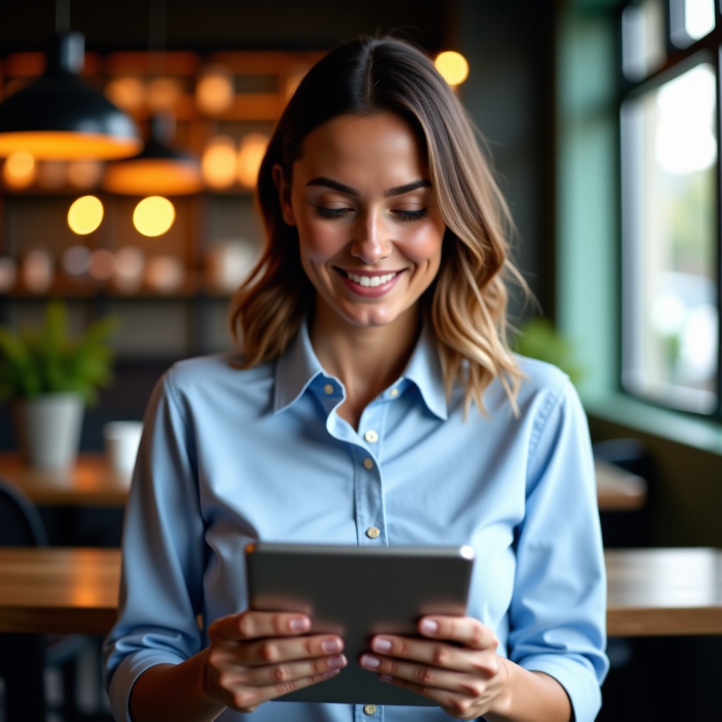 A professional person looking satisfied while checking a summary on a tablet during a short break. Modern cafe background with warm lighting, lifestyle photography, focused and calm atmosphere, 4:3.