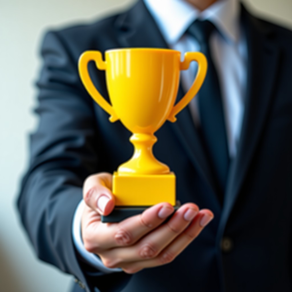 Close up of a person holding a sleek modern yellow award trophy, professional photography, soft bokeh background, 1:1