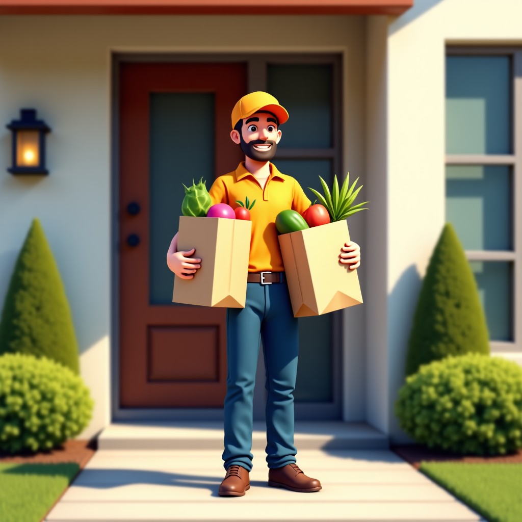 A friendly delivery person in a uniform carrying paper bags filled with fresh groceries standing at the front door of a modern house, sunny day, natural and warm lighting, 4:3