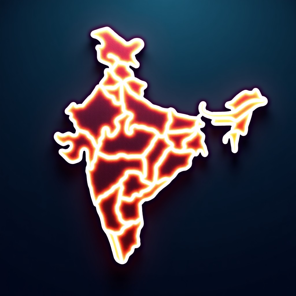 A conceptual digital map of India illuminated with glowing neural network connections and data streams, representing technological growth and AI connectivity, clean professional background, 4:3