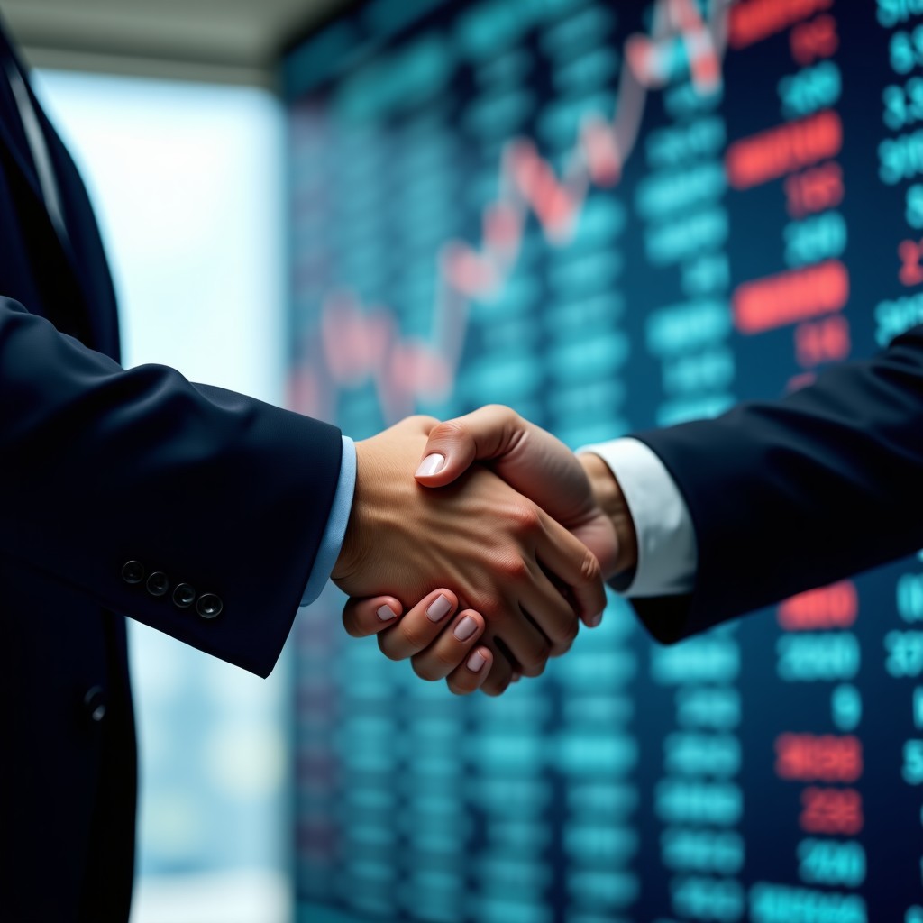 Close up of two professionals shaking hands in front of a digital screen showing stock market data. The background is a blurred modern office. Sharp focus on the hands, warm professional lighting. 4:3