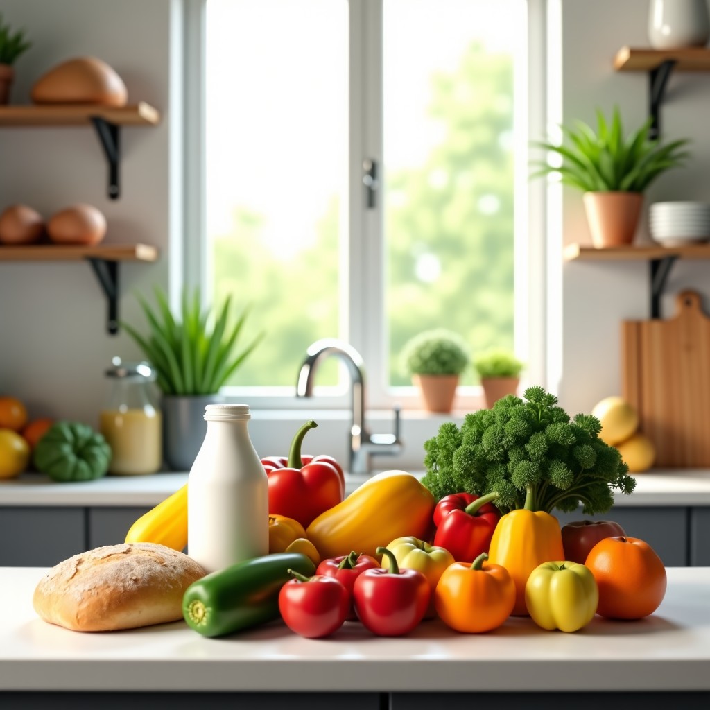 A variety of fresh groceries like milk, eggs, bread, and fruits arranged neatly on a modern kitchen island. Natural lighting, vibrant colors of vegetables, clean and organized aesthetic. 1:1