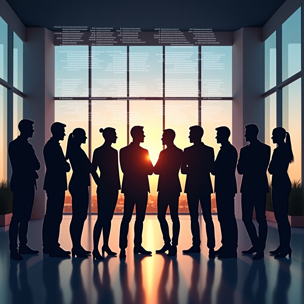 A group of diverse tech professionals standing together in a modern high-ceiling office with large glass windows. They are looking at a central screen showing complex AI algorithms. Warm natural lighting, focus on teamwork and solidarity. 4:3
