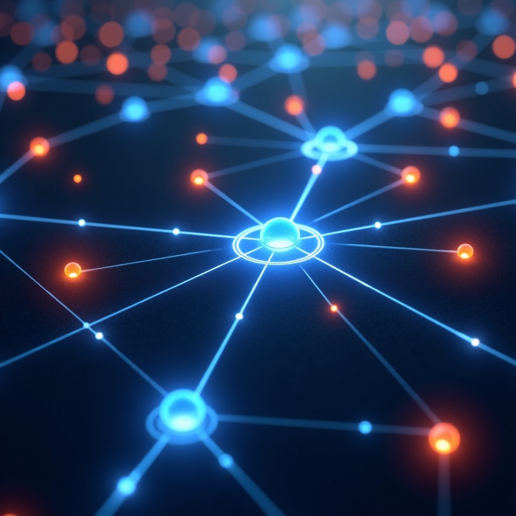 A conceptual illustration of a high-tech network with glowing nodes and dark shadows, representing the influence of tech elites in Silicon Valley, futuristic and cinematic lighting, 4:3