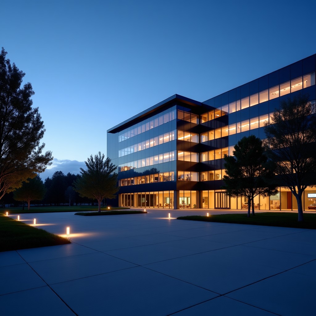 A modern high-tech corporate building in Silicon Valley during twilight, with long dramatic shadows casting over the plaza, a sense of tension and silence, high contrast, cinematic lighting, 4:3