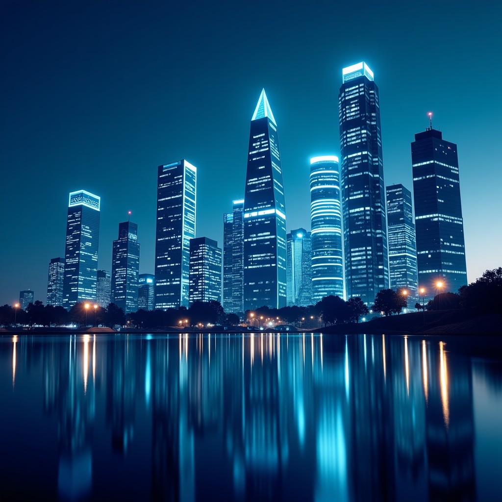 Modern glass skyscrapers in Silicon Valley with glowing digital data streams and currency symbols overlaid, high contrast professional style, 4:3
