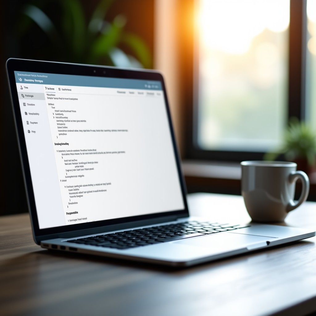 Close-up of a professional desk with a laptop and a coffee cup. The screen shows a user-friendly drag-and-drop interface for building AI workflows. Bright, natural workspace lighting, minimalist and modern aesthetic. 4:3