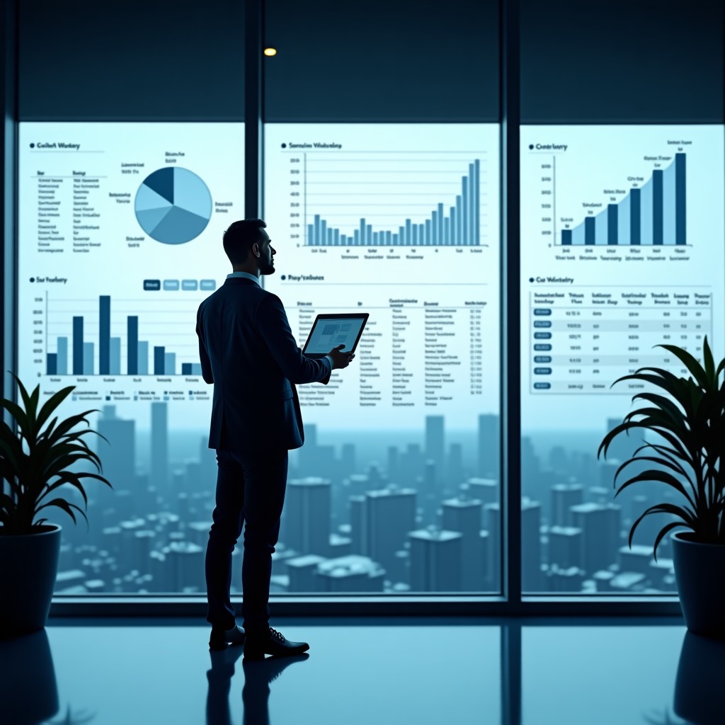 A professional business analyst in a modern glass office looking at a large transparent screen displaying real-time market trend charts and organized data tables, natural lighting, 4:3