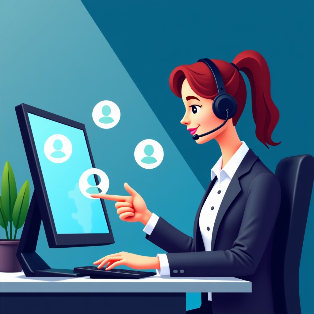 A customer support professional interacting with a seamless digital interface, symbols of fast communication and instant response floating in the air, modern and efficient workspace, 4:3