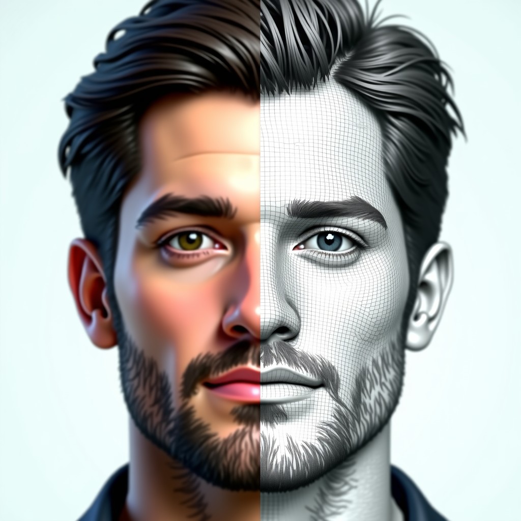 A side-by-side comparison of a human actor's face and a digital wireframe mesh showing the process of AI facial mapping, sophisticated digital art style, high contrast, 1:1
