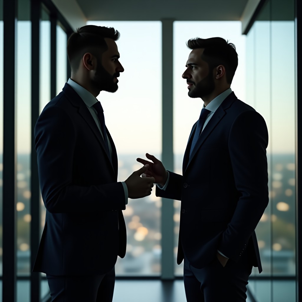 Two professional business partners having a serious discussion in a modern office, representing a formal disagreement, dramatic lighting, professional attire, 4:3