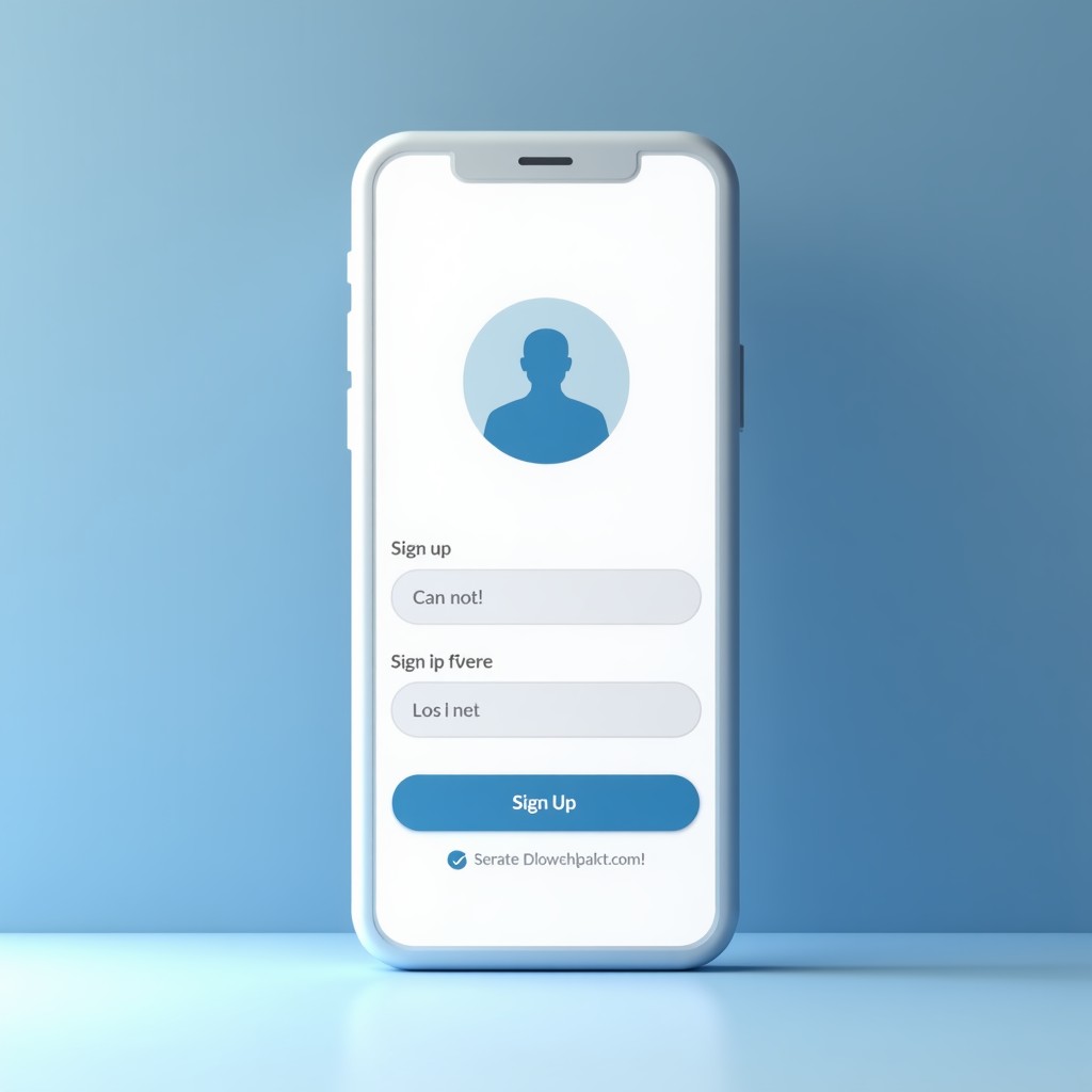 Clean and minimal smartphone app interface showing a simplified signup screen for a social network, pastel blue and white colors, soft natural lighting, modern flat design. 1:1
