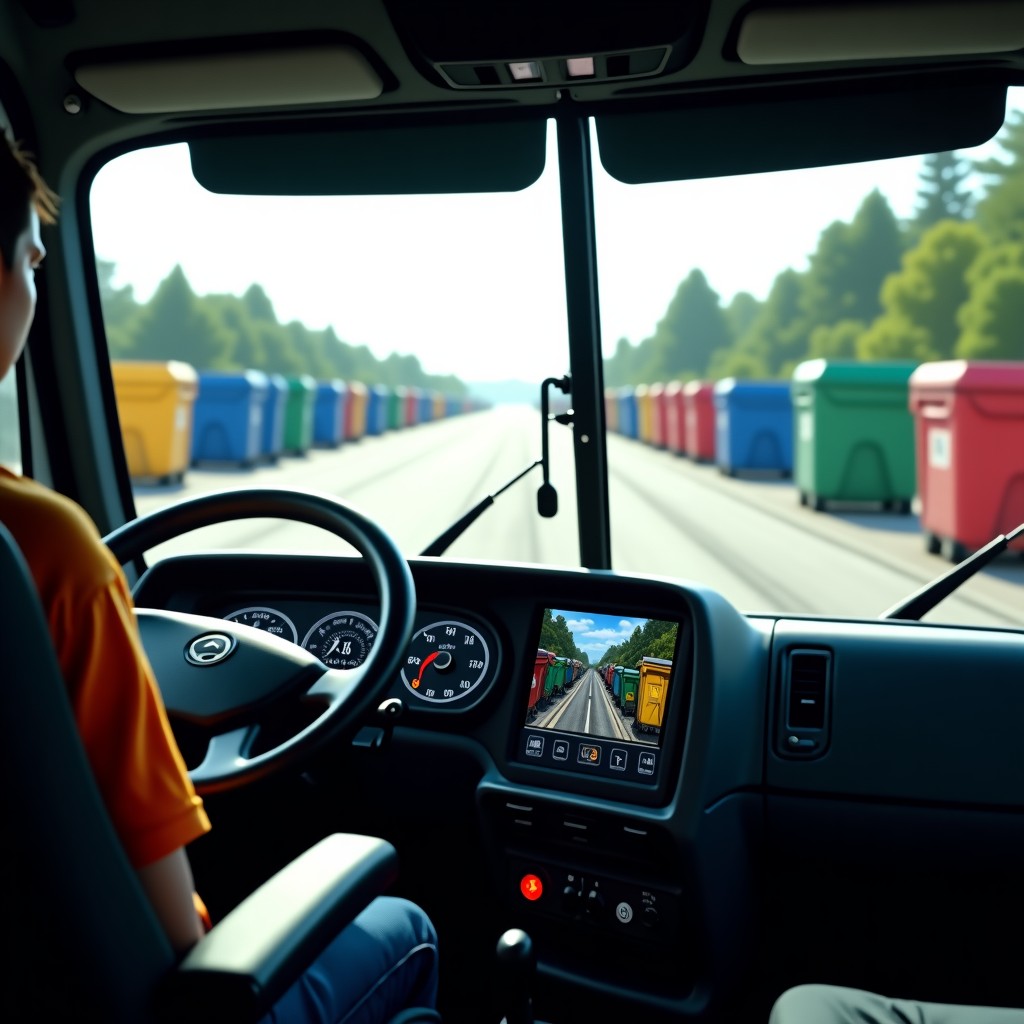 Interior of a modern garbage truck cabin with a high-tech dashboard. A large screen displays real-time video feeds of trash bins being emptied, with AI overlays highlighting objects and data. Daylight, realistic cinematic lighting. 4:3