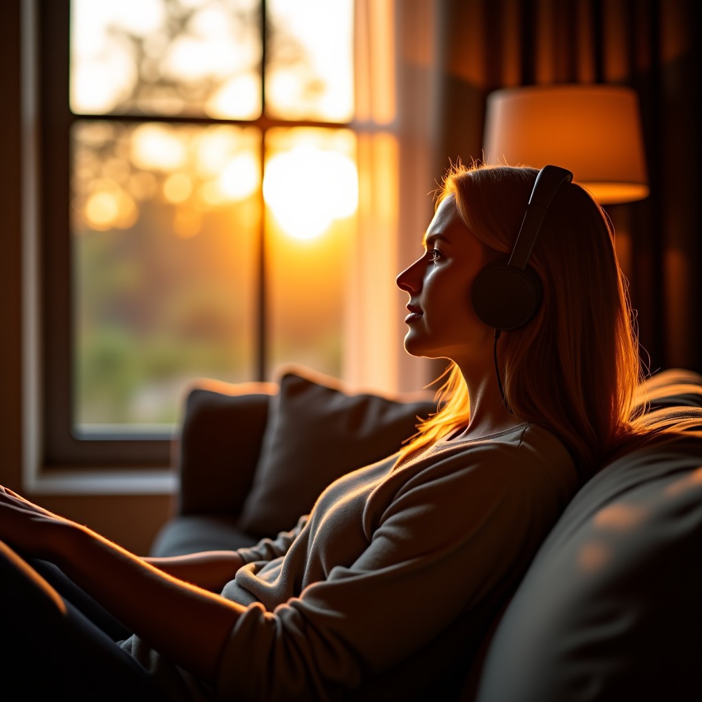 A lifestyle photography of a person relaxing on a comfortable sofa in a cozy living room during sunset. Natural golden light fills the room. The person is wearing high-quality headphones and looking out the window peacefully. High-end interior design. 4:3