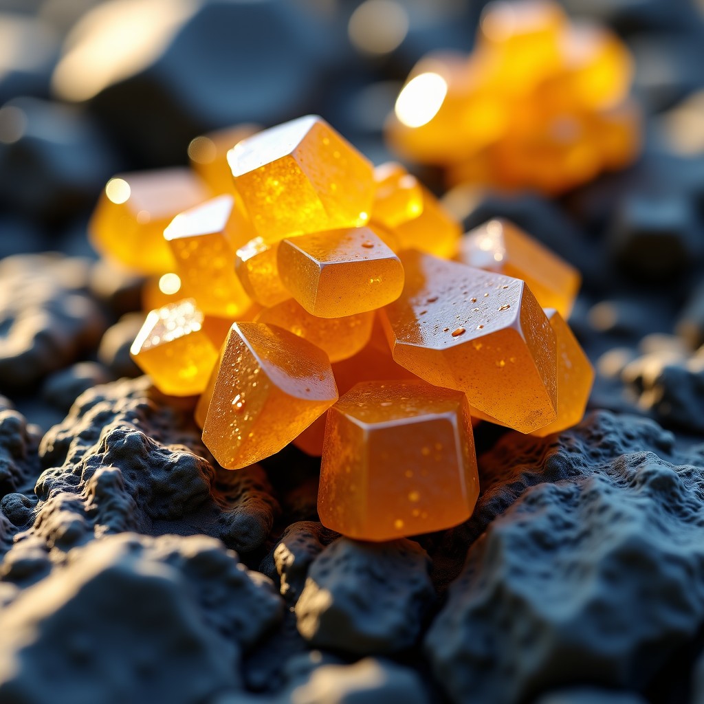 Close-up of carnotite minerals with distinctive yellow and orange hues on Patagonian rocks, geological survey concept, realistic texture, warm lighting, 1:1