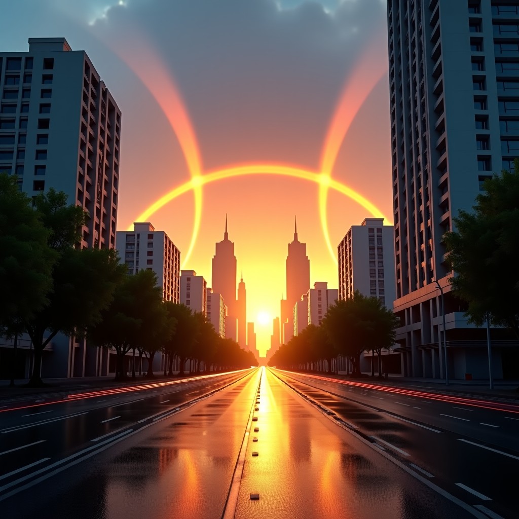 A beautiful double rainbow spanning across a modern city skyline after a light rain. The streets are wet and reflecting the golden light of the afternoon sun. Lifestyle photography, natural colors, 4:3