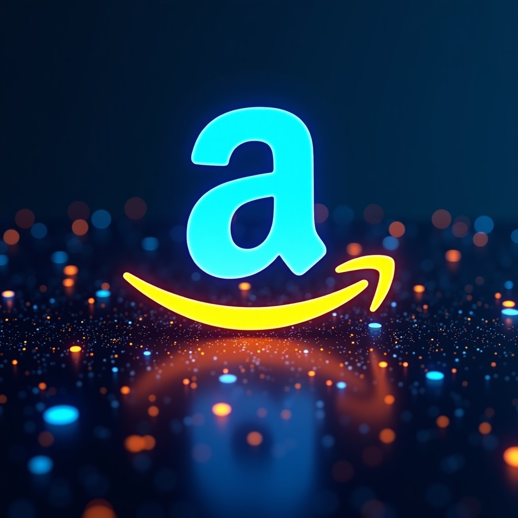 A sleek modern visualization of the Amazon logo integrated with glowing digital data streams and neural network patterns to represent an AI data marketplace. High contrast blue and orange lighting. 4:3