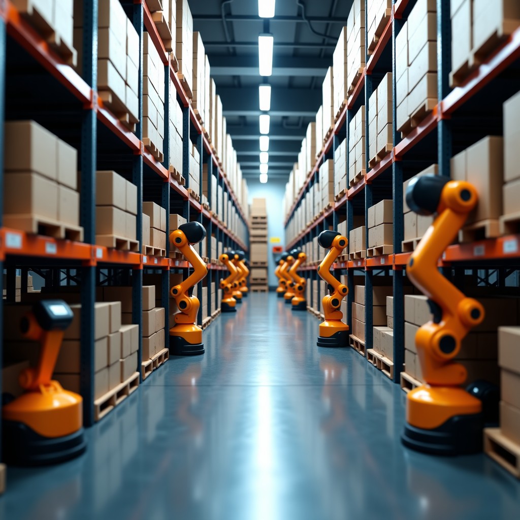 A futuristic Amazon fulfillment center with many advanced automated robots moving shelves and sorting packages. High-tech environment, cinematic lighting, wide shot, hyper-realistic, 4:3