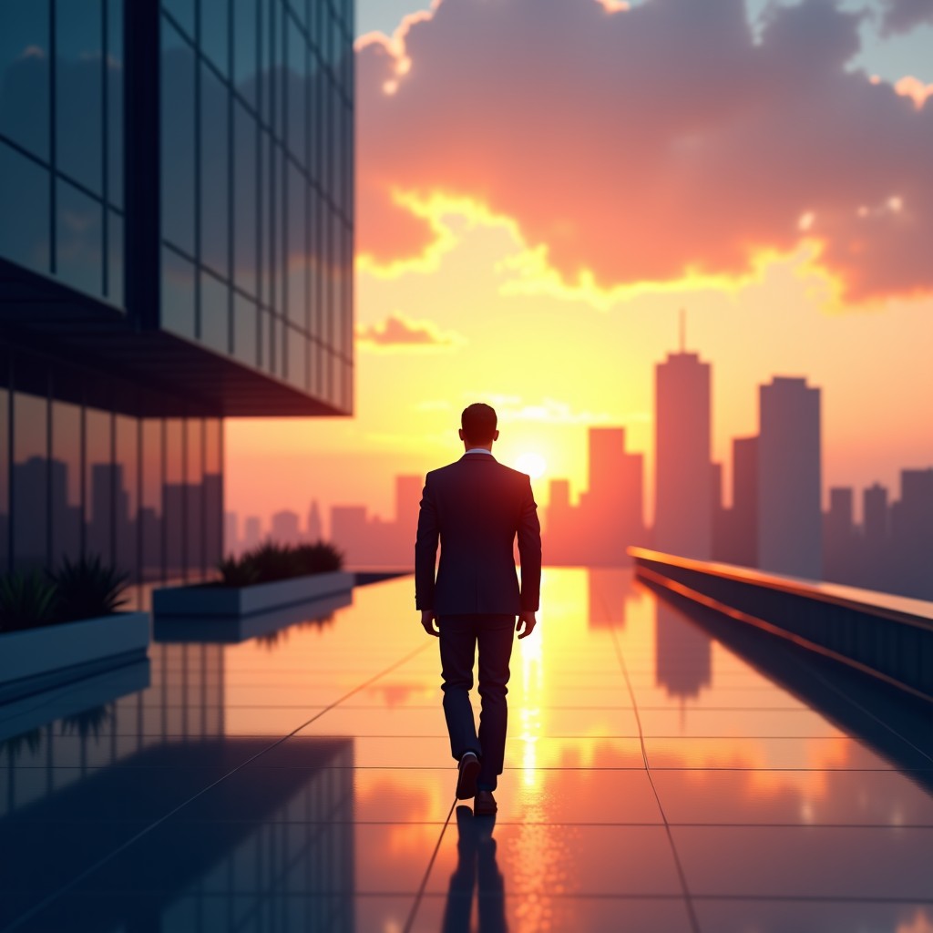 A professional man in business casual attire walking away from a high-tech modern office building sunset background cinematic lighting futuristic city view 4:3