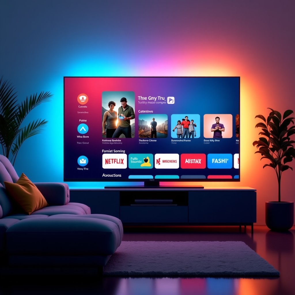A high-tech living room with a large smart TV displaying a modern streaming interface featuring rounded corners, vibrant gradients, and organized content tiles, cinematic lighting, realistic style, 4:3
