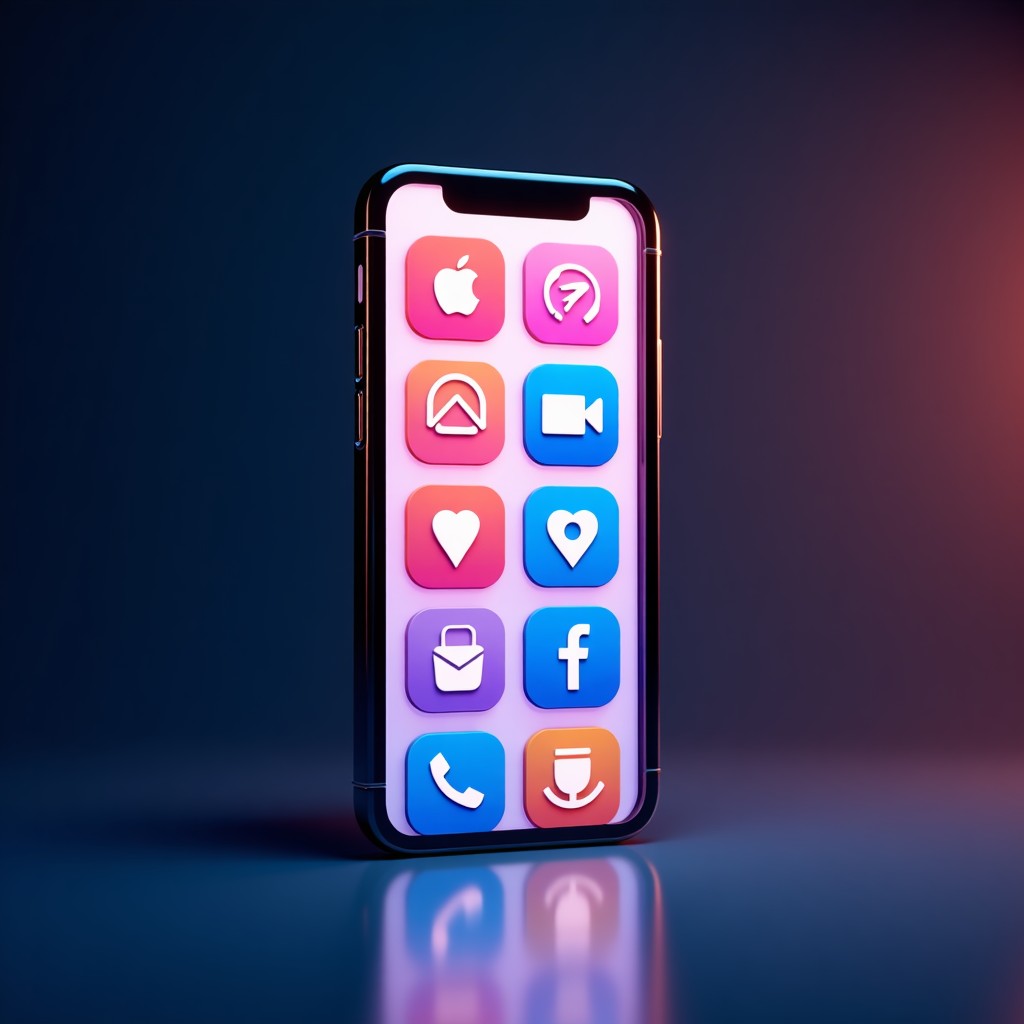 A modern smartphone displaying multiple different app store icons on its screen against a clean tech-themed background. High contrast, sleek design, vibrant colors. 4:3