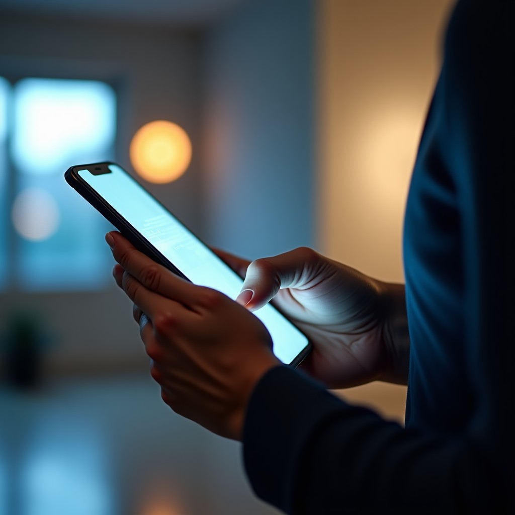 A close up shot of a hand holding a sleek smartphone displaying a glowing AI interface. The light from the screen reflects softly on the person's face in a modern indoor setting. 4:3