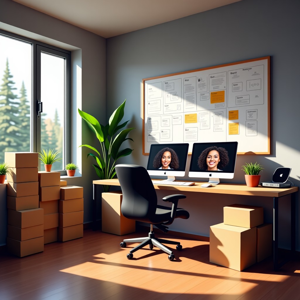 A cramped but modern apartment living room converted into a startup office, stacks of pizza boxes, whiteboards covered in complex AI architecture diagrams, multiple monitors reflecting on faces, realistic setting, 4:3