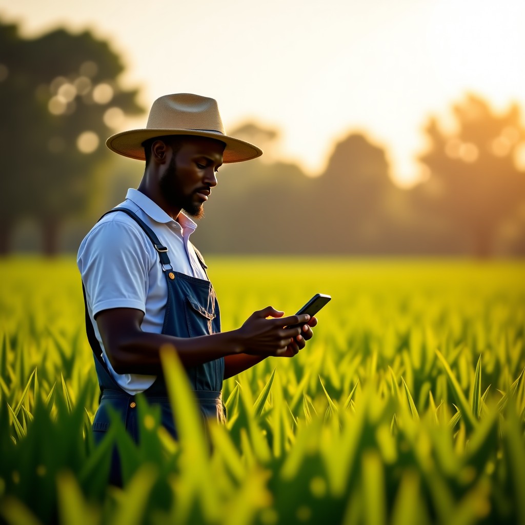 An African farmer in a lush field using a smartphone app for AI-driven agriculture insights, sunlight filtering through trees, vibrant colors, realistic composition, 4:3