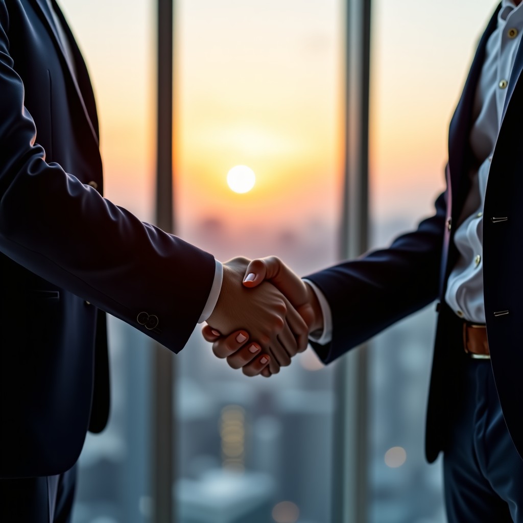 Close-up of two people in professional suits shaking hands firmly. In the background, a modern cityscape is visible through a large glass window at sunset. The lighting is warm and emphasizes trust and agreement. 4:3
