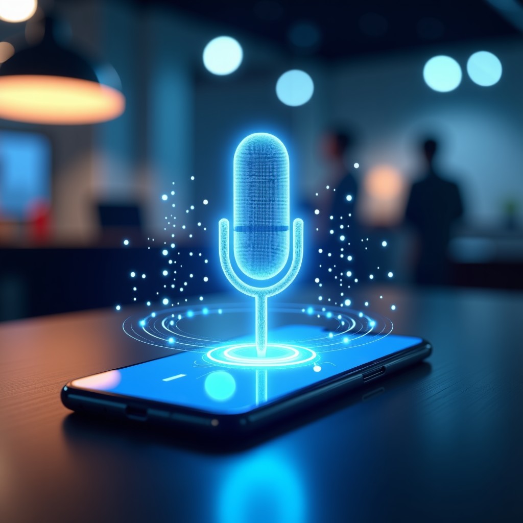 A futuristic smartphone screen showing a glowing voice recognition interface with sound waves and digital particles, modern office background, high resolution, 4:3