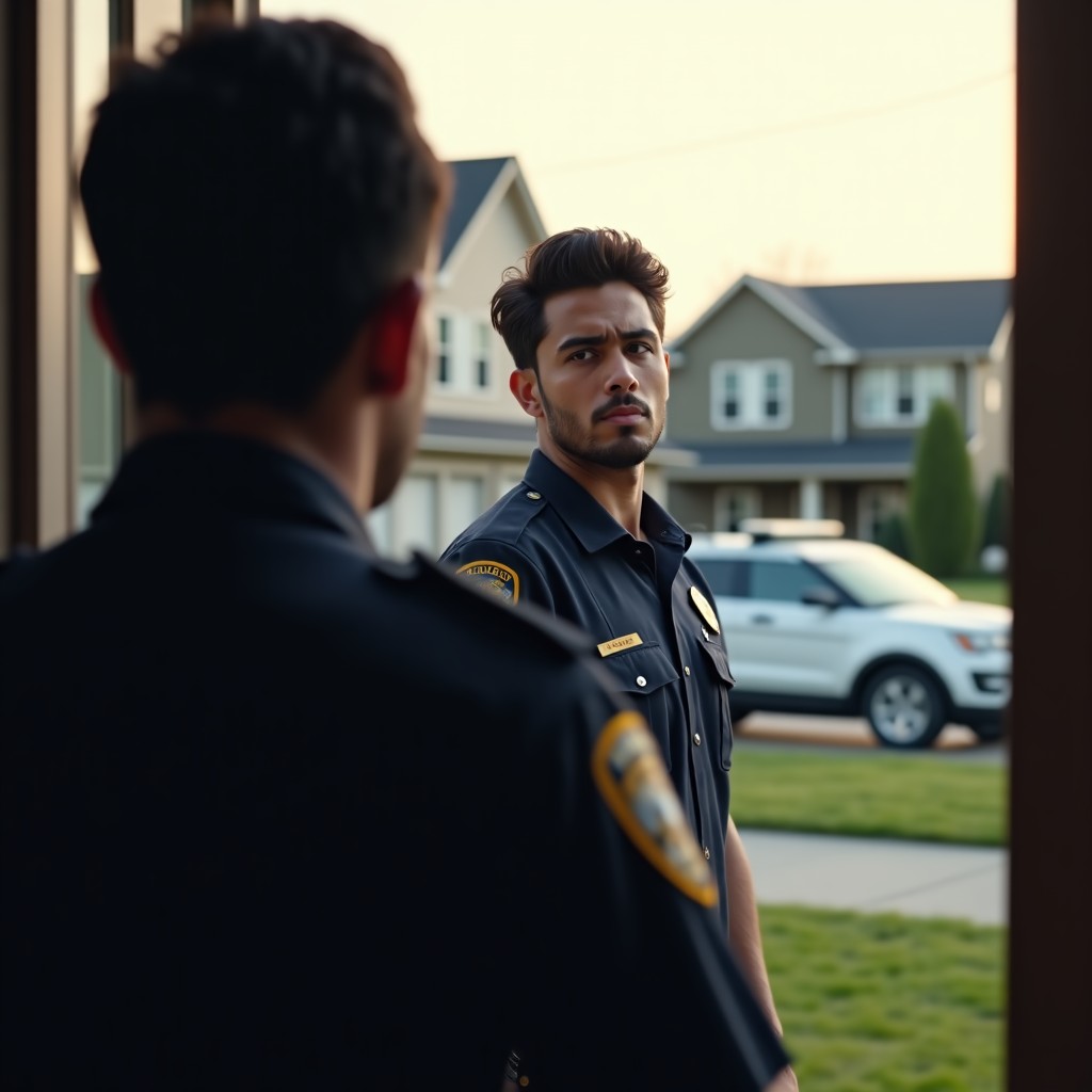 A South Asian man in his 20s looking confused and distressed as police officers knock on his front door in a suburban neighborhood. Realistic cinematic photography, natural daylight, high detail. 4:3
