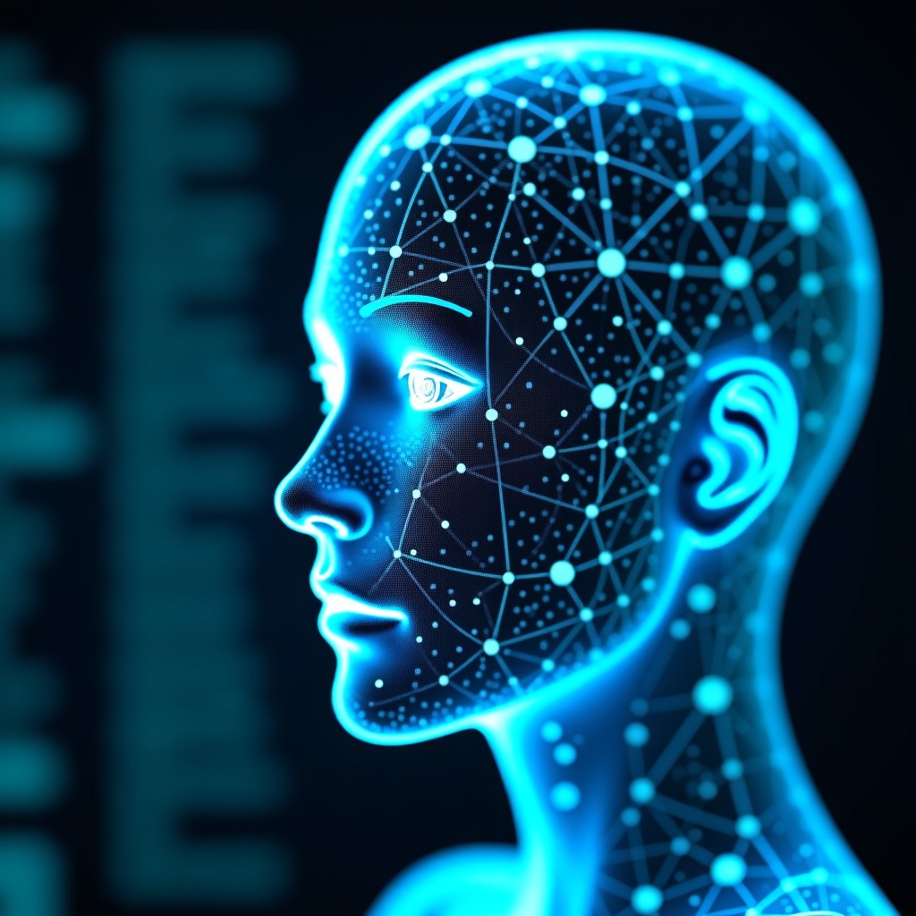 A high-tech digital interface showing facial recognition analysis with multiple scanning points on a human face. Blue and cyan grid lines, futuristic tech aesthetic, blurred background. 1:1