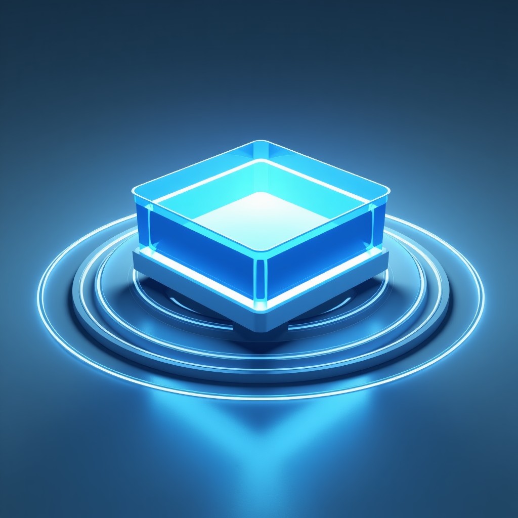 A sophisticated 3D visualization of a digital AI core surrounded by multiple layers of protective translucent rings representing safety guardrails. The background is a clean laboratory setting with soft blue lighting. No text. 4:3