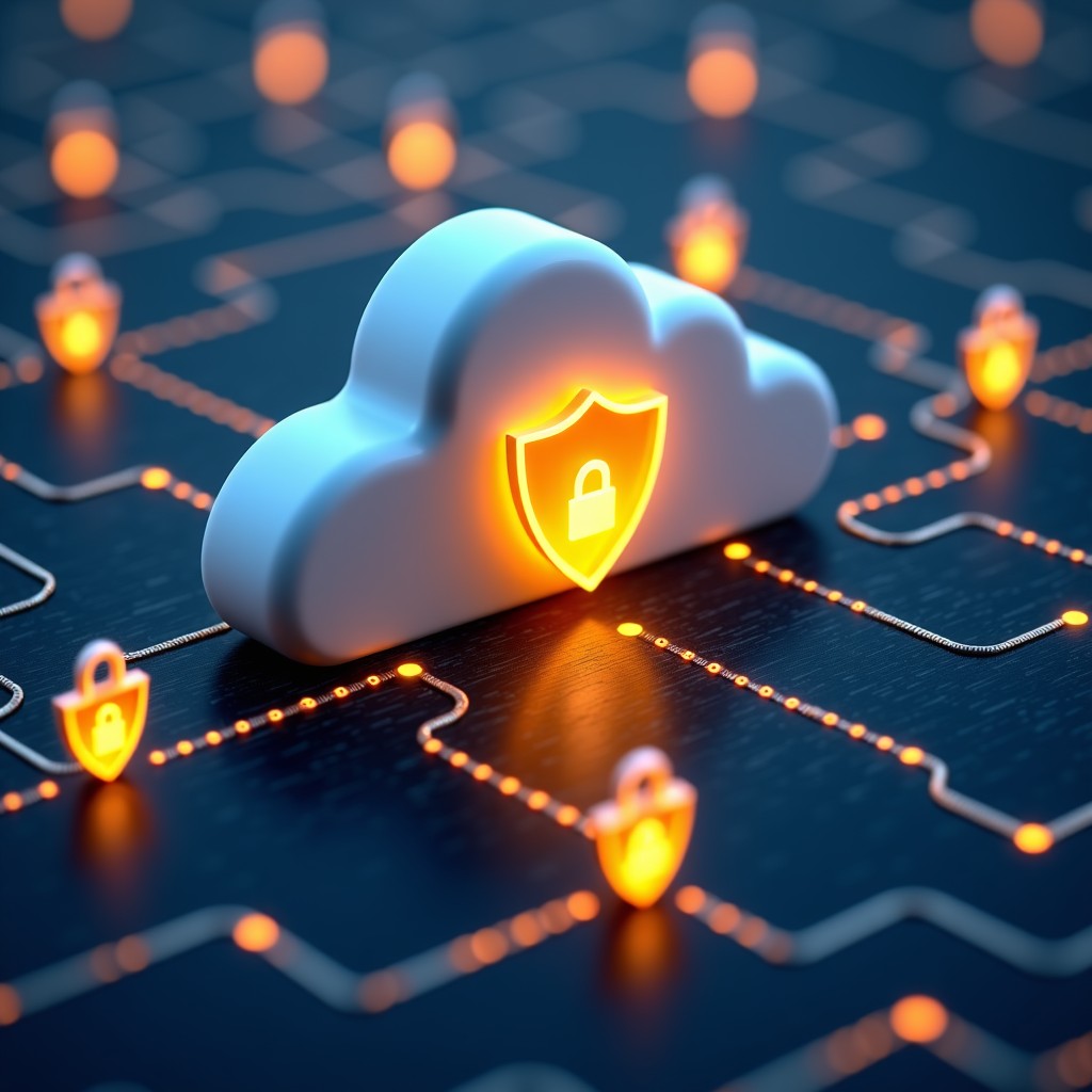 A futuristic representation of a secure and protected cloud computing network with golden shields and digital locks protecting data streams. 1:1