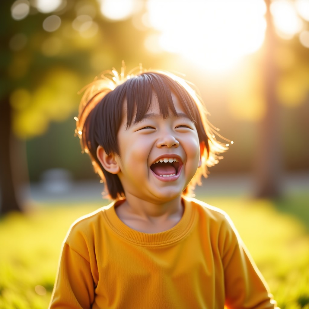 A bright and heartwarming scene of a young Korean child laughing happily while playing outdoors in a sunny park. The sunlight is warm and golden, symbolizing a safe and protected future for children. The focus is soft and natural. 4:3