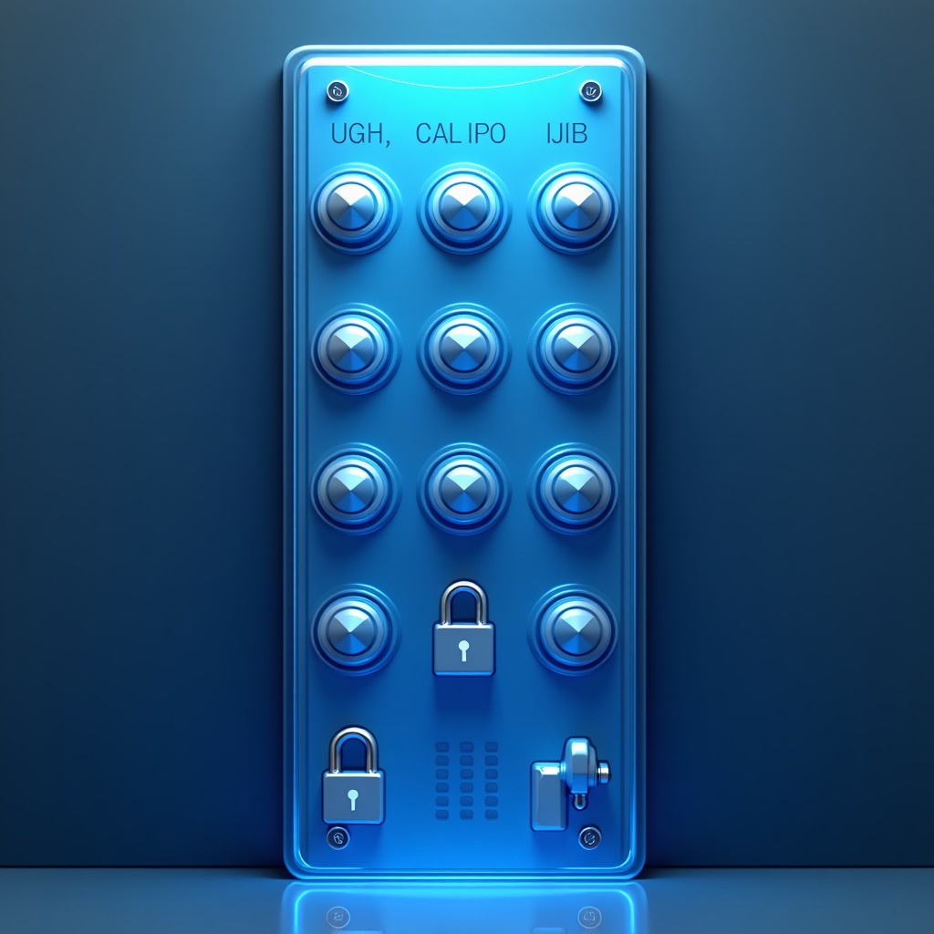A high-tech security interface with various toggle switches and digital locks, blue and white color palette, clean and professional design, 4:3