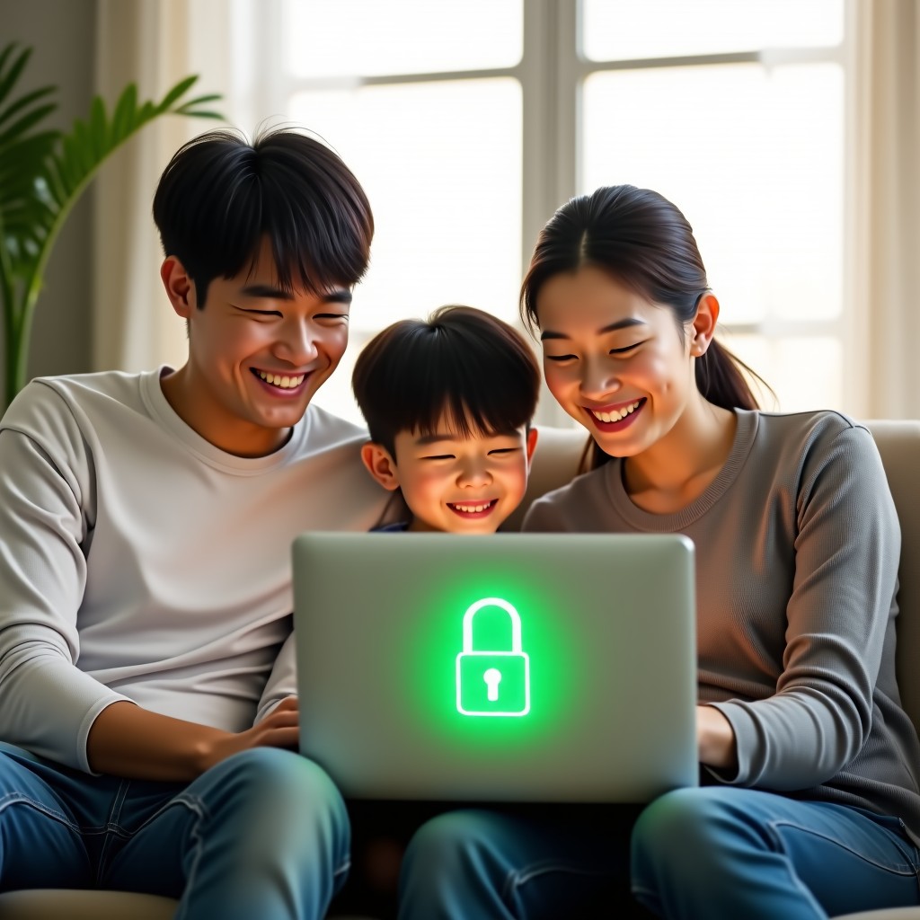 A happy Korean family sitting together on a couch looking at a laptop with a secure green lock icon displayed, bright interior, natural morning sunlight, 4:3